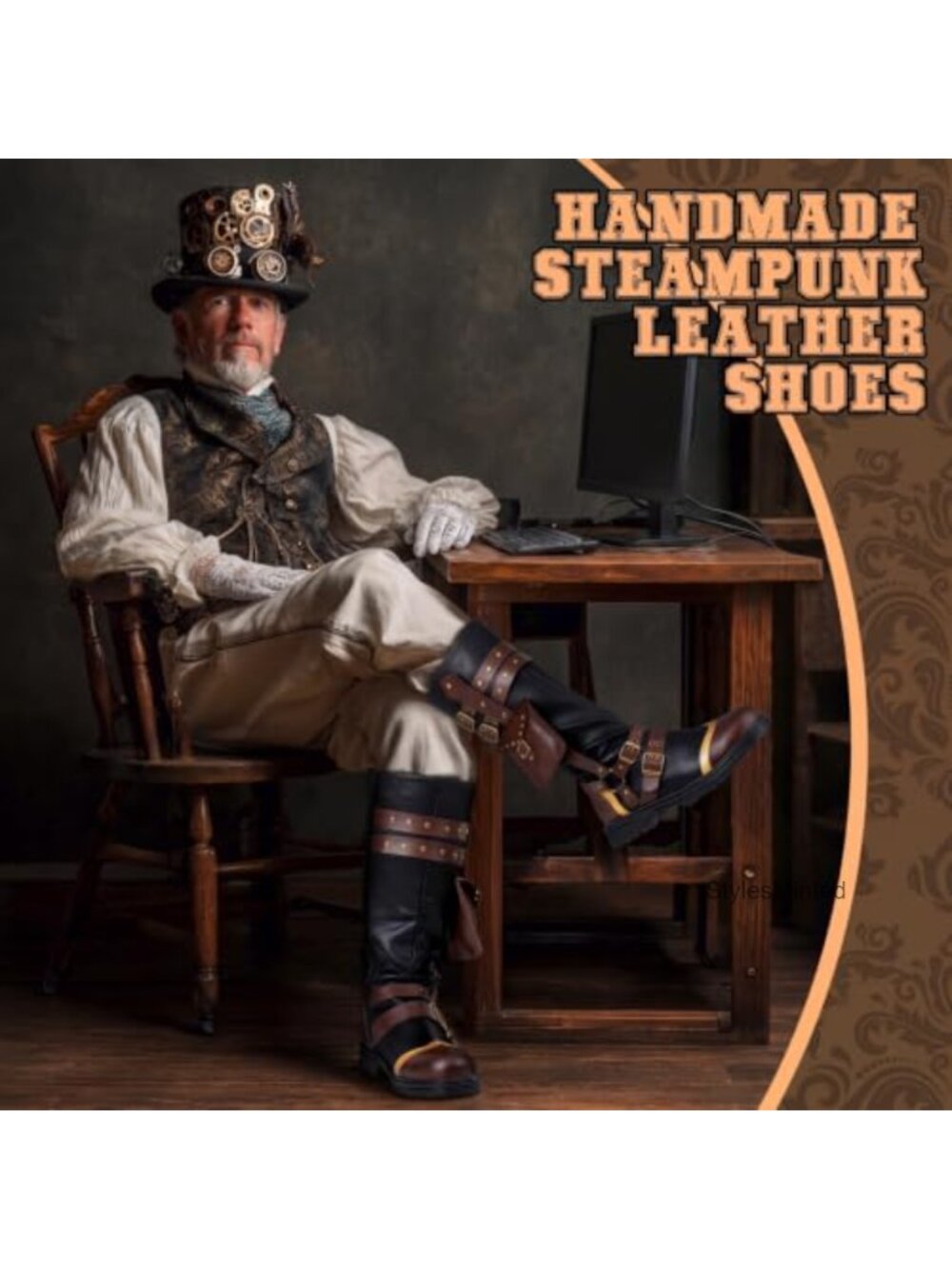 Men's Renaissance Steampunk Boots Faux Leather Costume Boots - Picture 3 of 6